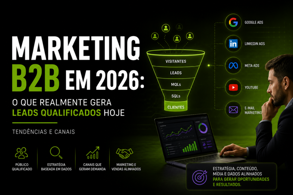 Descubra as principais estratégias de marketing B2B em 2026 e como Google Ads, LinkedIn, Meta Ads, conteúdo, IA e CRM podem gerar leads qualificados.